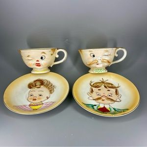 Vintage Noritake Cup & Saucer Set Winking Man & Woman Mid Century Japan